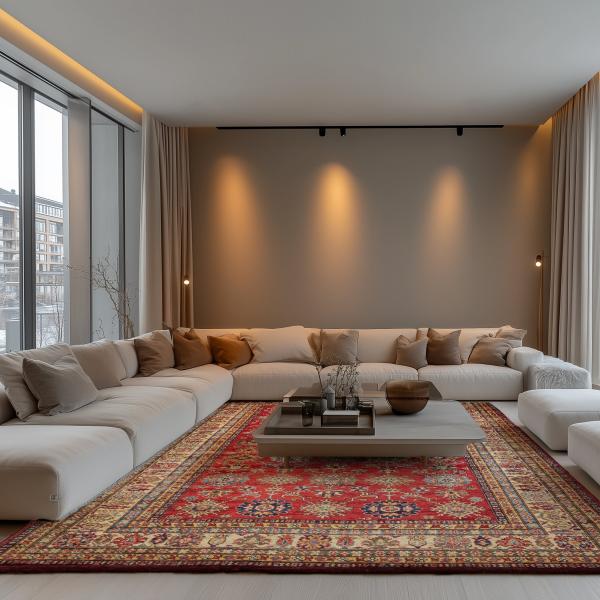 Sala de estar elegante com um grande tapete Kazak feito à mão em tons de vermelho, azul e creme.